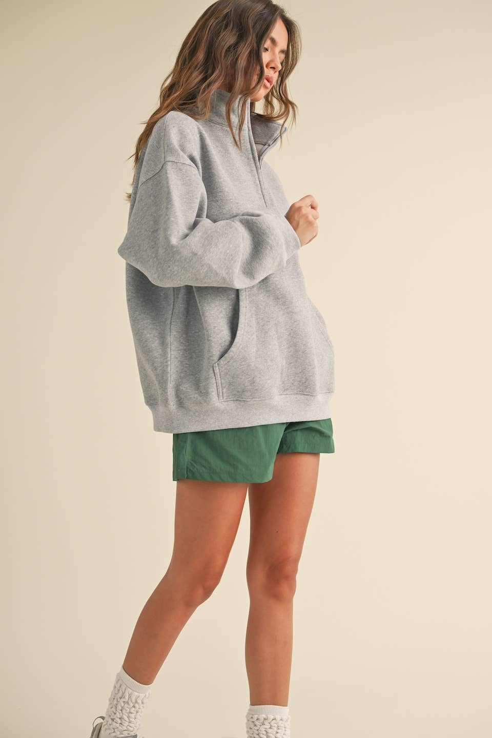 Heathered Gray Cozy Fleece Oversized Pullover Half Zip
