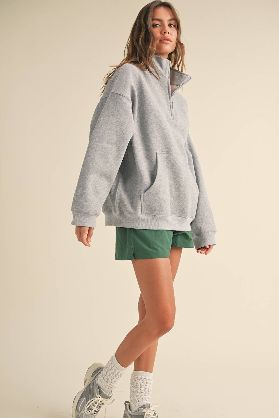 Heathered Gray Cozy Fleece Oversized Pullover Half Zip