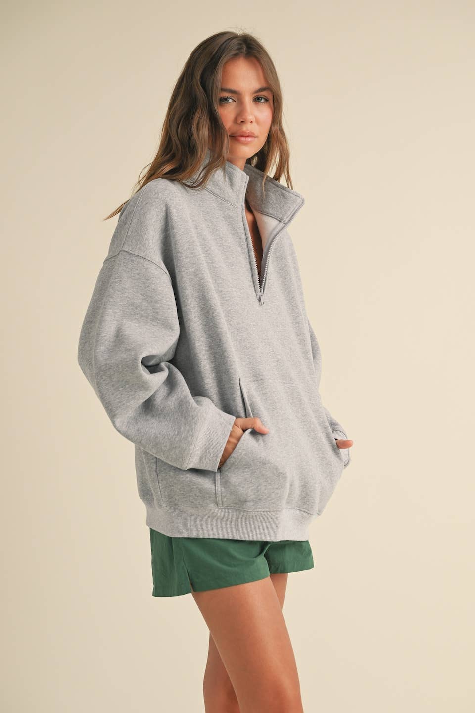 Heathered Gray Cozy Fleece Oversized Pullover Half Zip