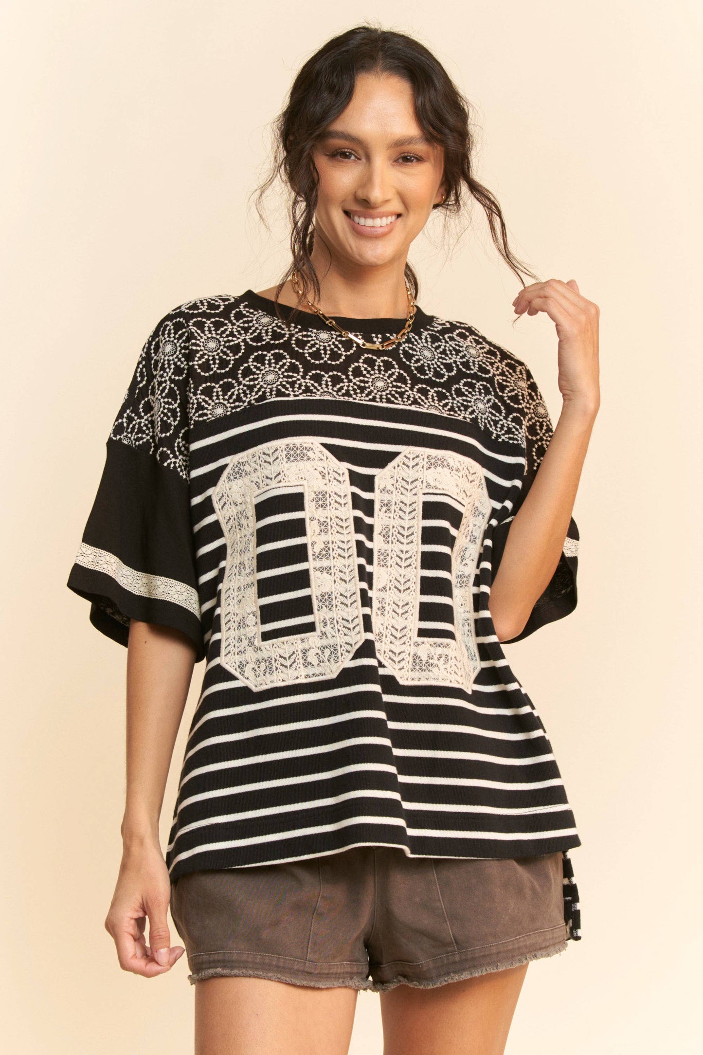 Lace Embroidered Yoke Jersey Tee