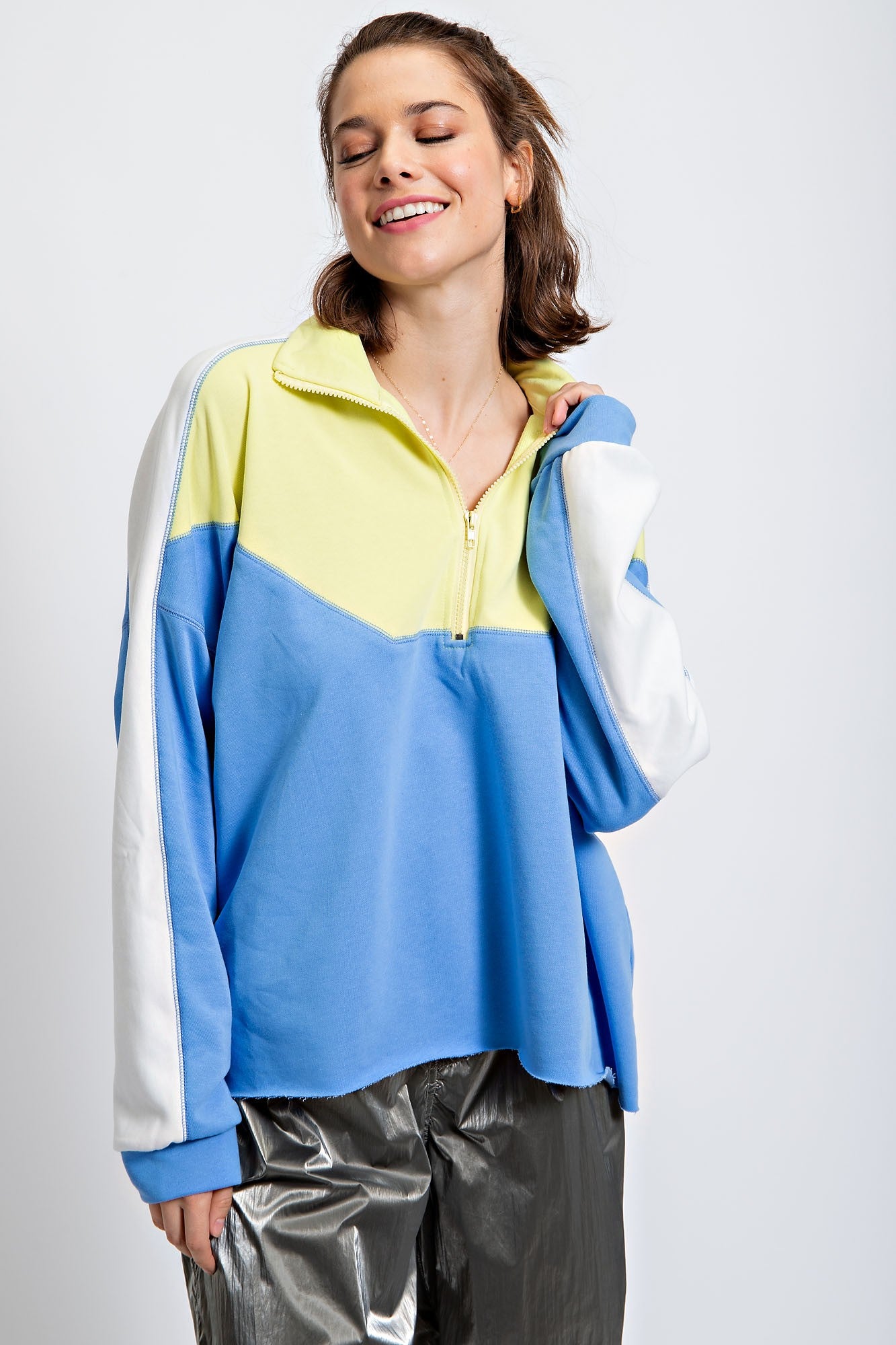 Colorblock Half Zip Pullover- Lime Combo