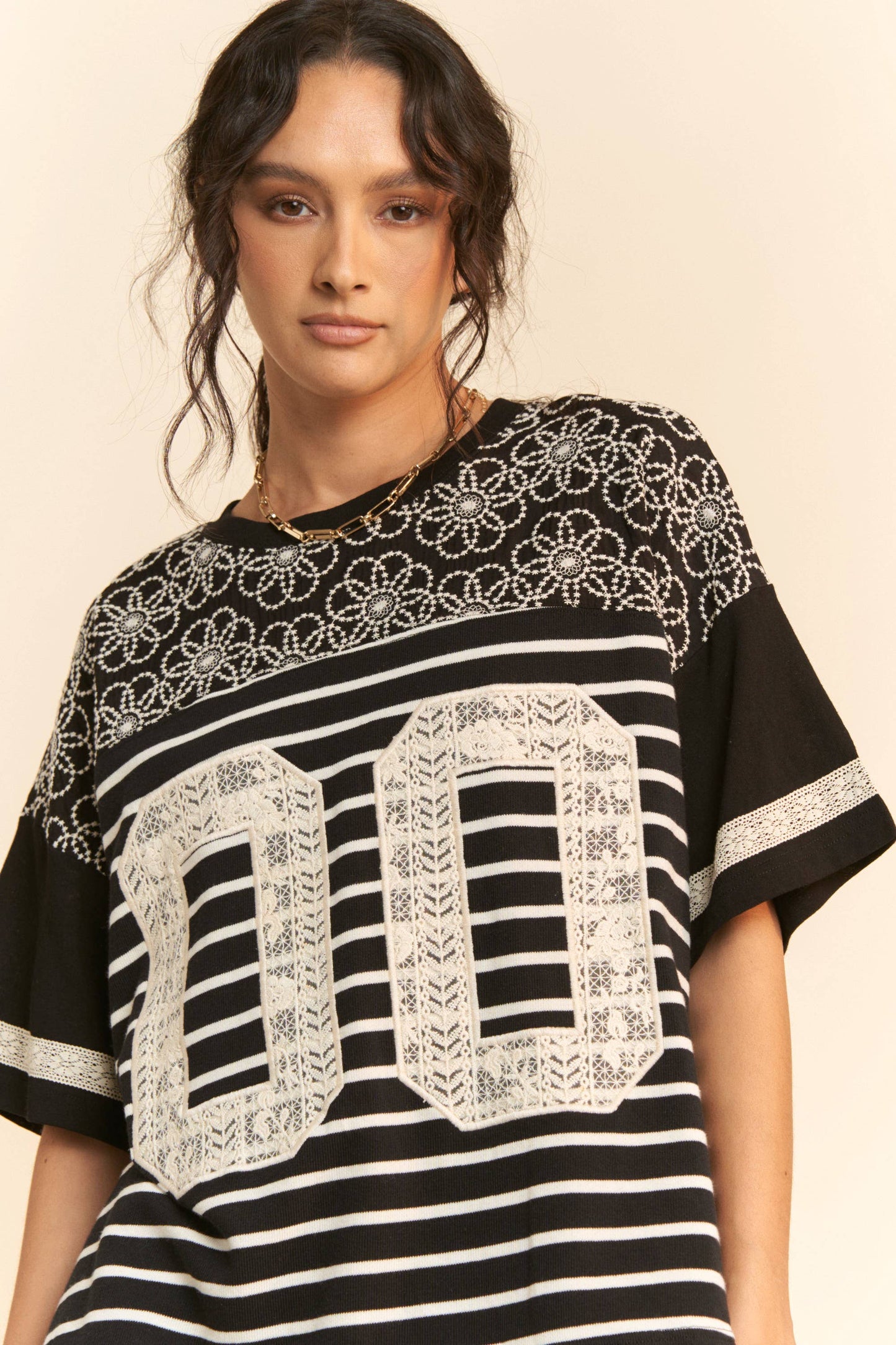 Lace Embroidered Yoke Jersey Tee