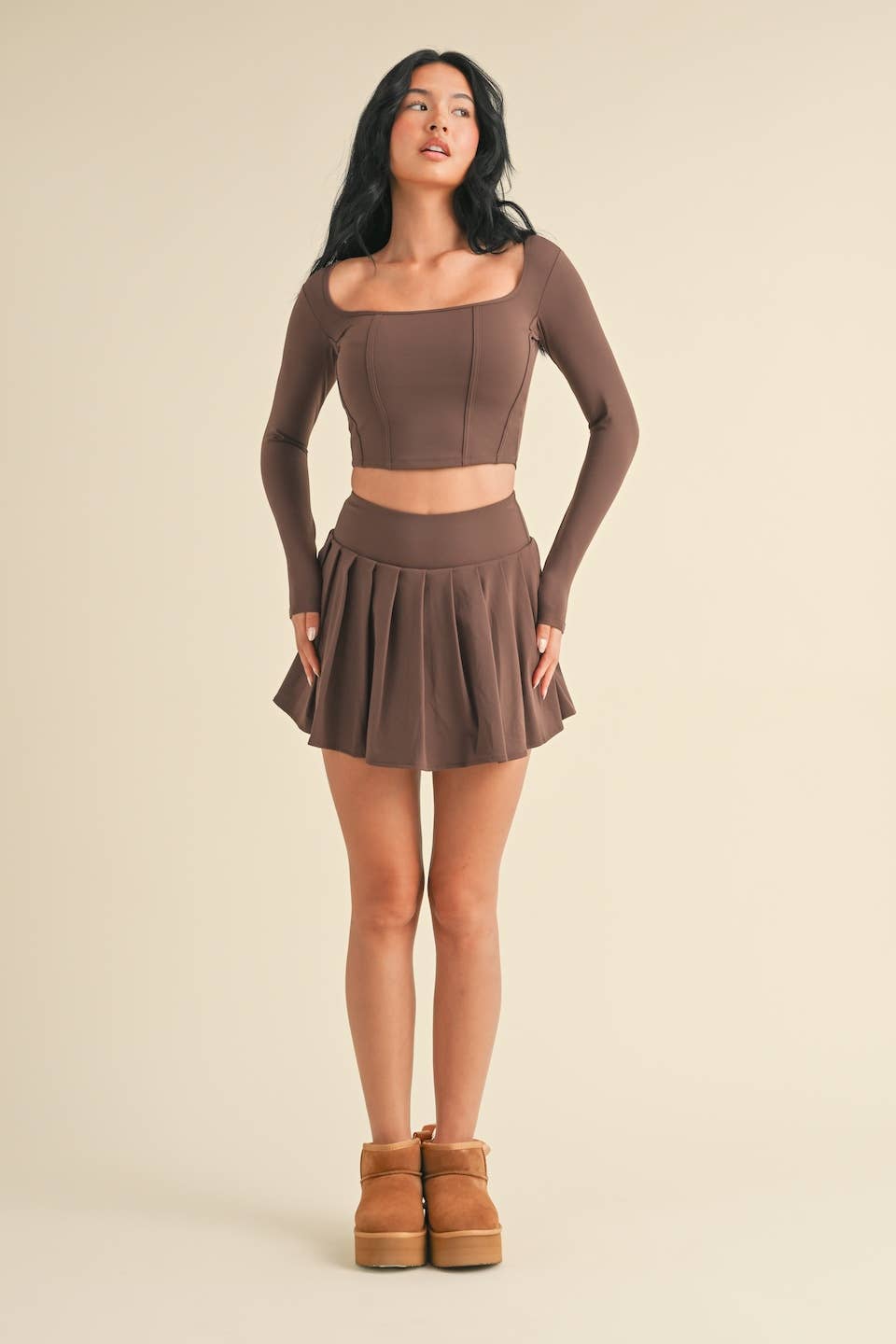 Long Sleeve Square Neck Corset Top in Chocolate