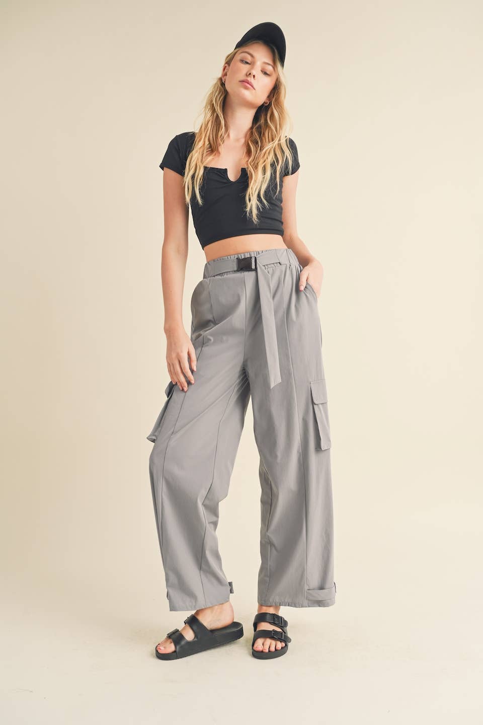 Lightweight Nylon Wide Leg Cargo Pant