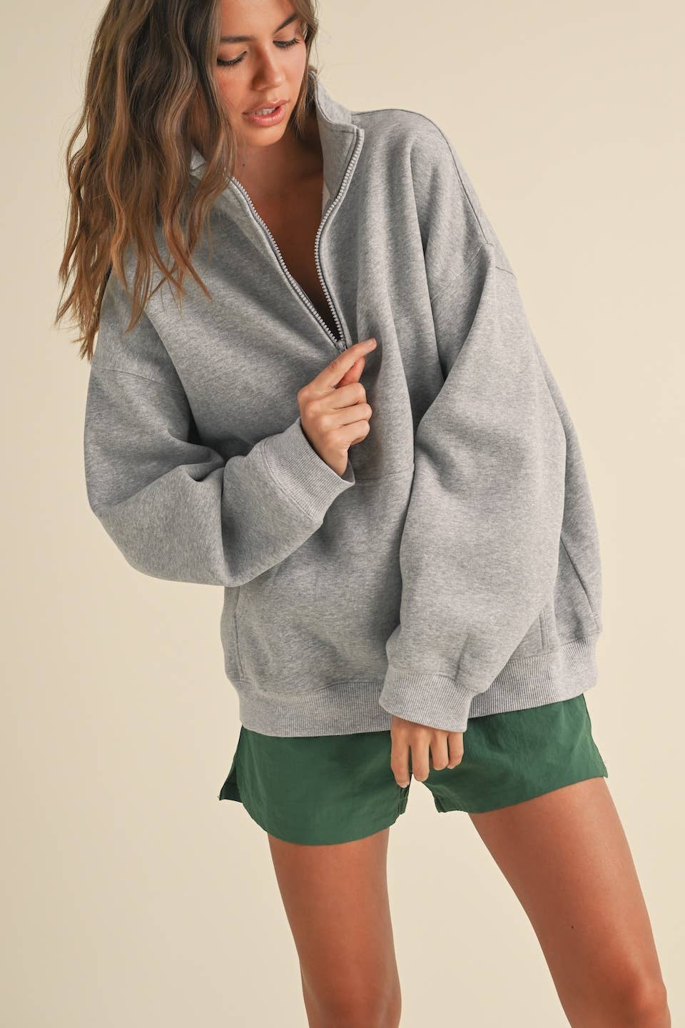 Heathered Gray Cozy Fleece Oversized Pullover Half Zip