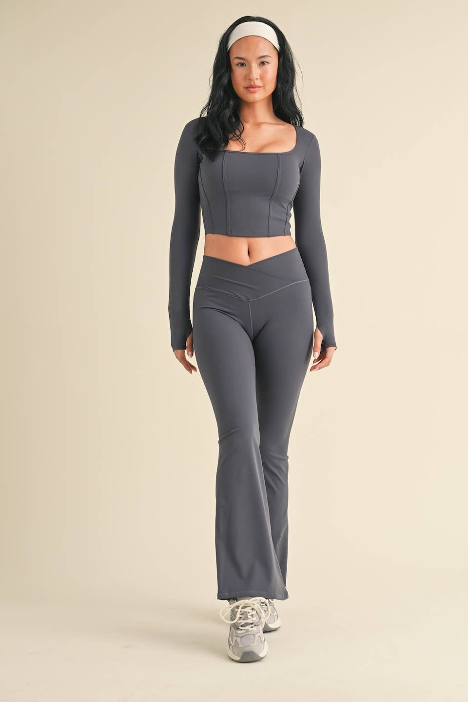 Ash Blue Long Sleeve Square Neck Corset Top