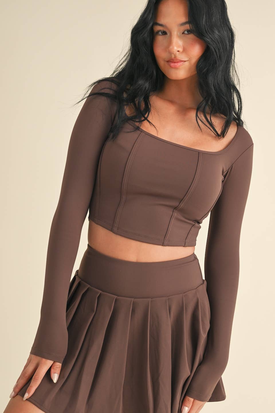 Long Sleeve Square Neck Corset Top in Chocolate