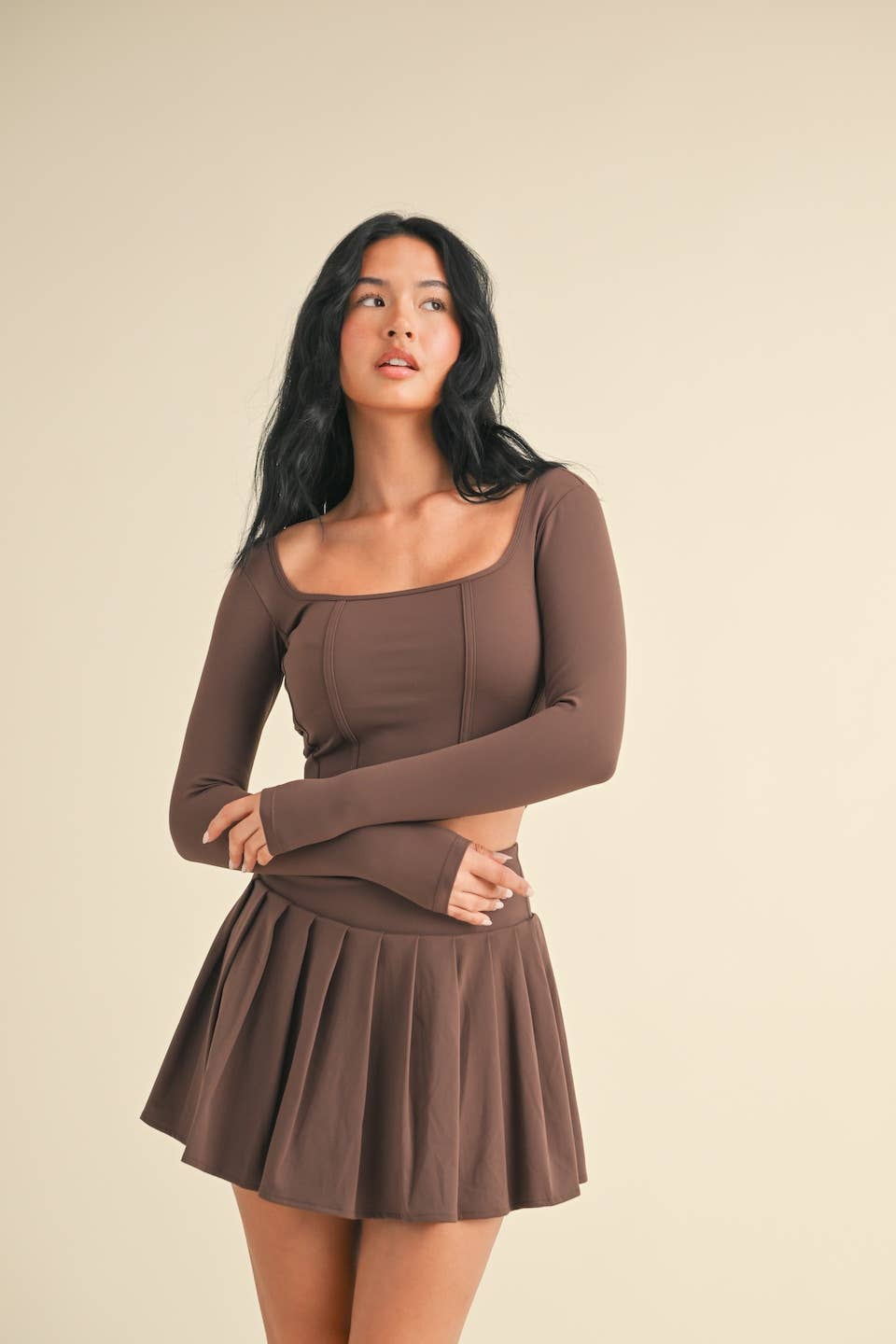 Long Sleeve Square Neck Corset Top in Chocolate