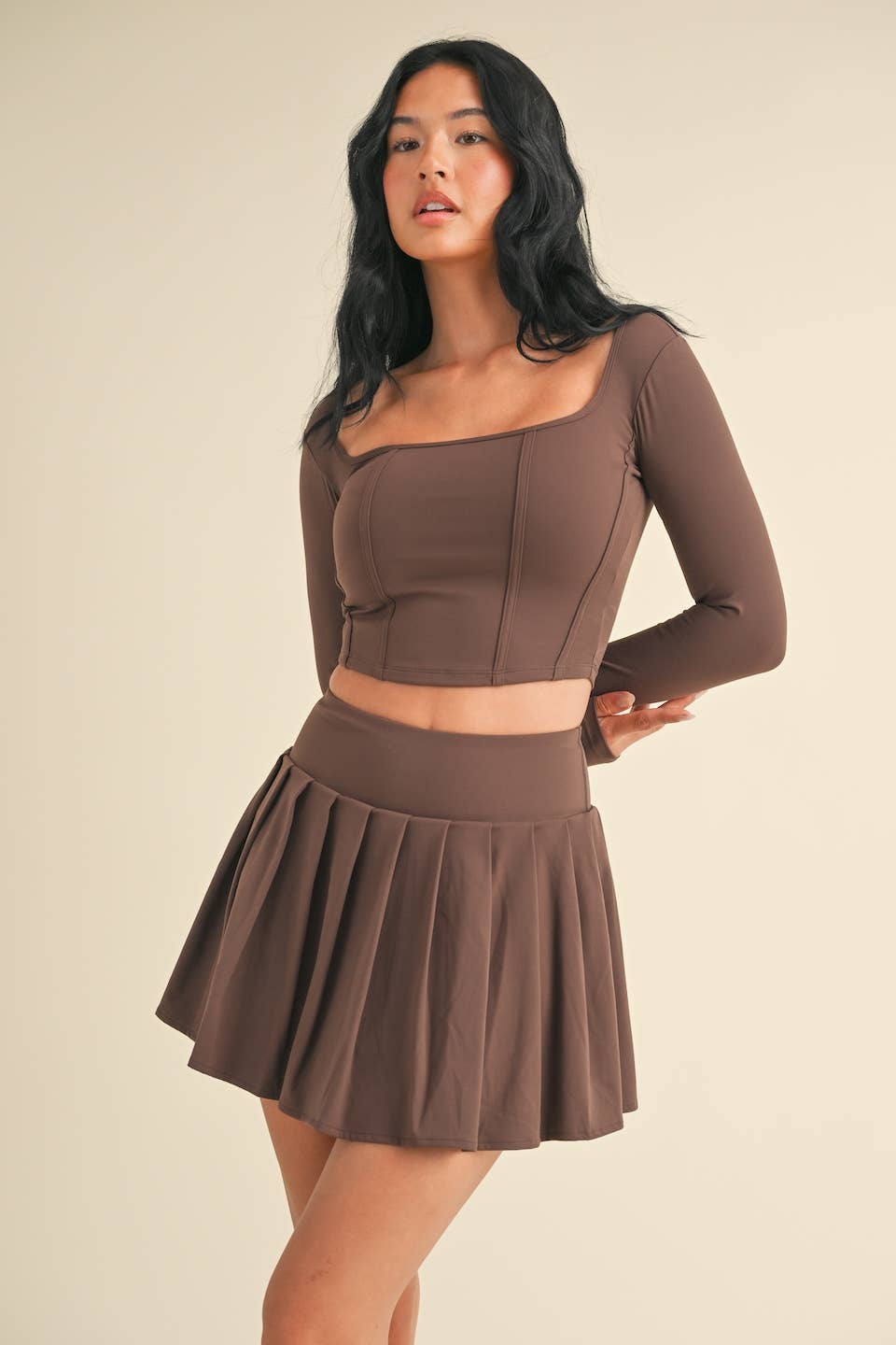 Long Sleeve Square Neck Corset Top in Chocolate
