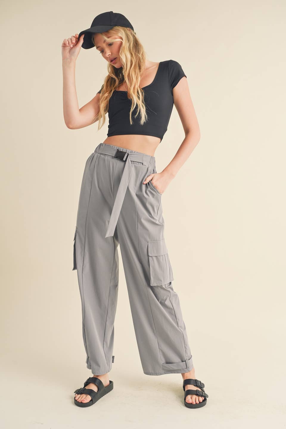 Lightweight Nylon Wide Leg Cargo Pant