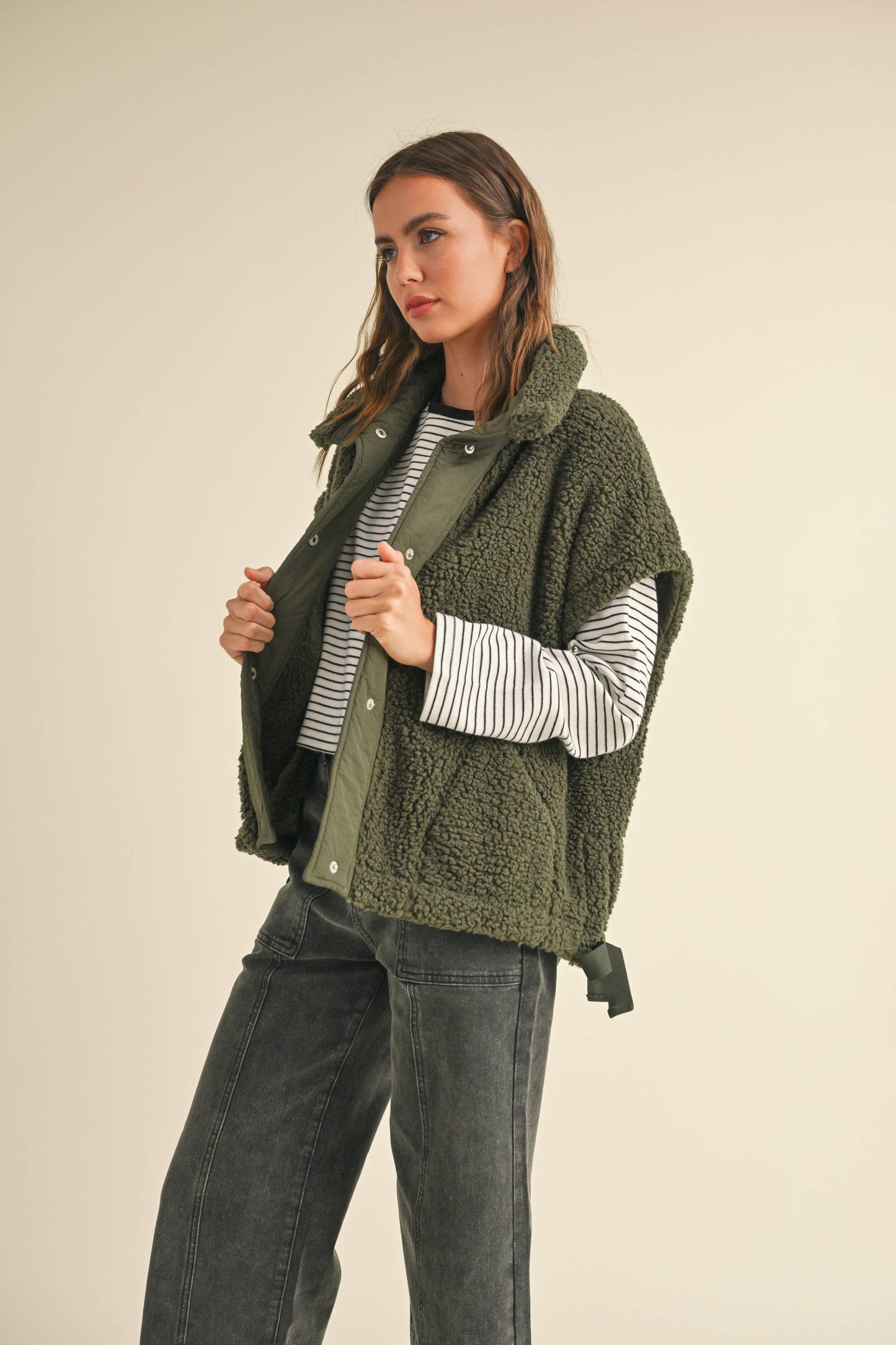 Olive Teddy Sherpa Oversized Vest
