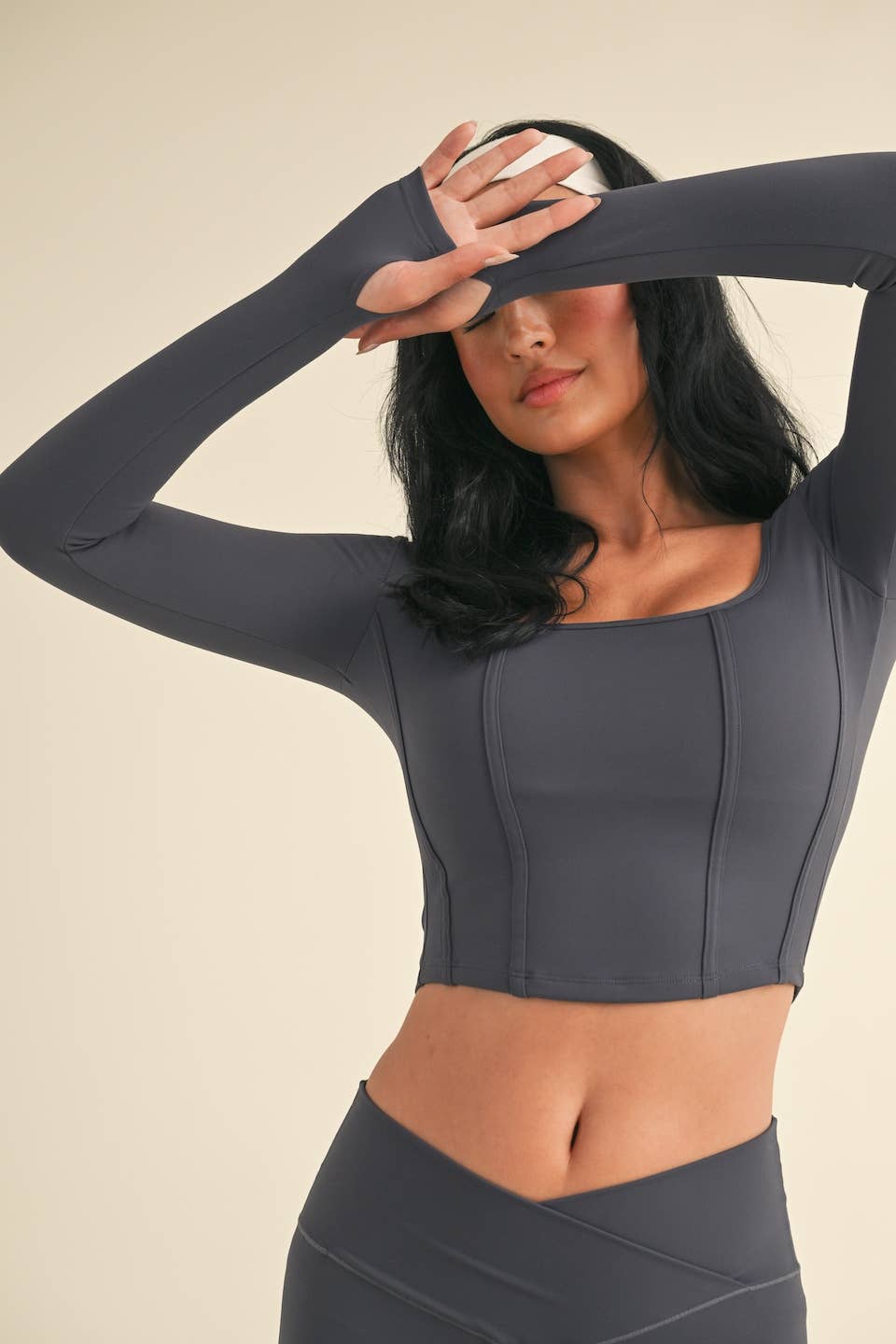 Ash Blue Long Sleeve Square Neck Corset Top