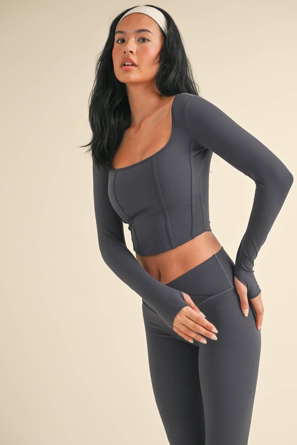 Ash Blue Long Sleeve Square Neck Corset Top