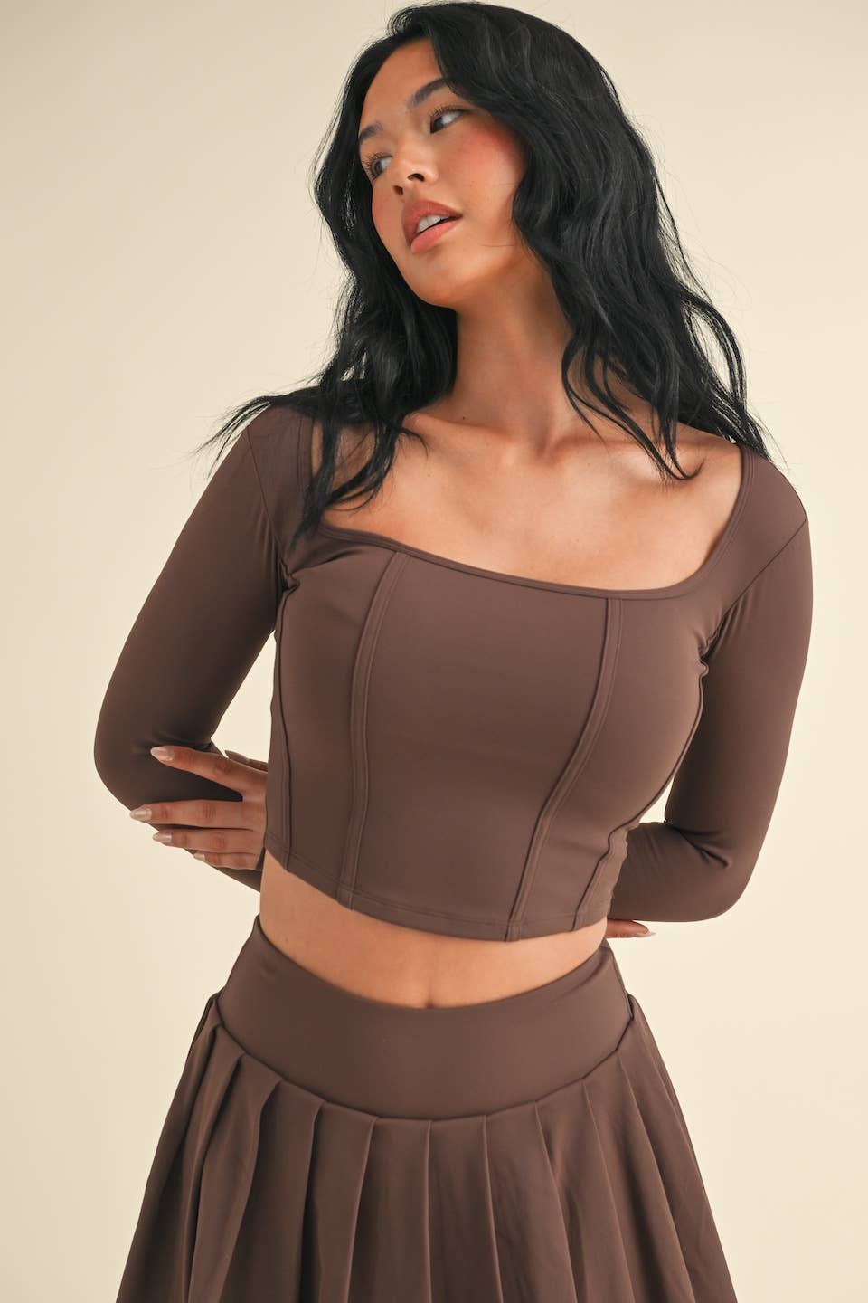 Long Sleeve Square Neck Corset Top in Chocolate