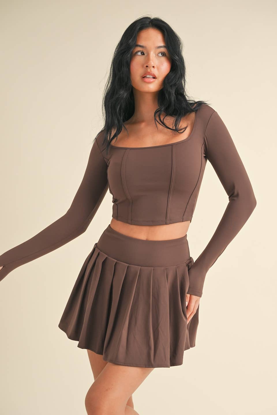 Long Sleeve Square Neck Corset Top in Chocolate
