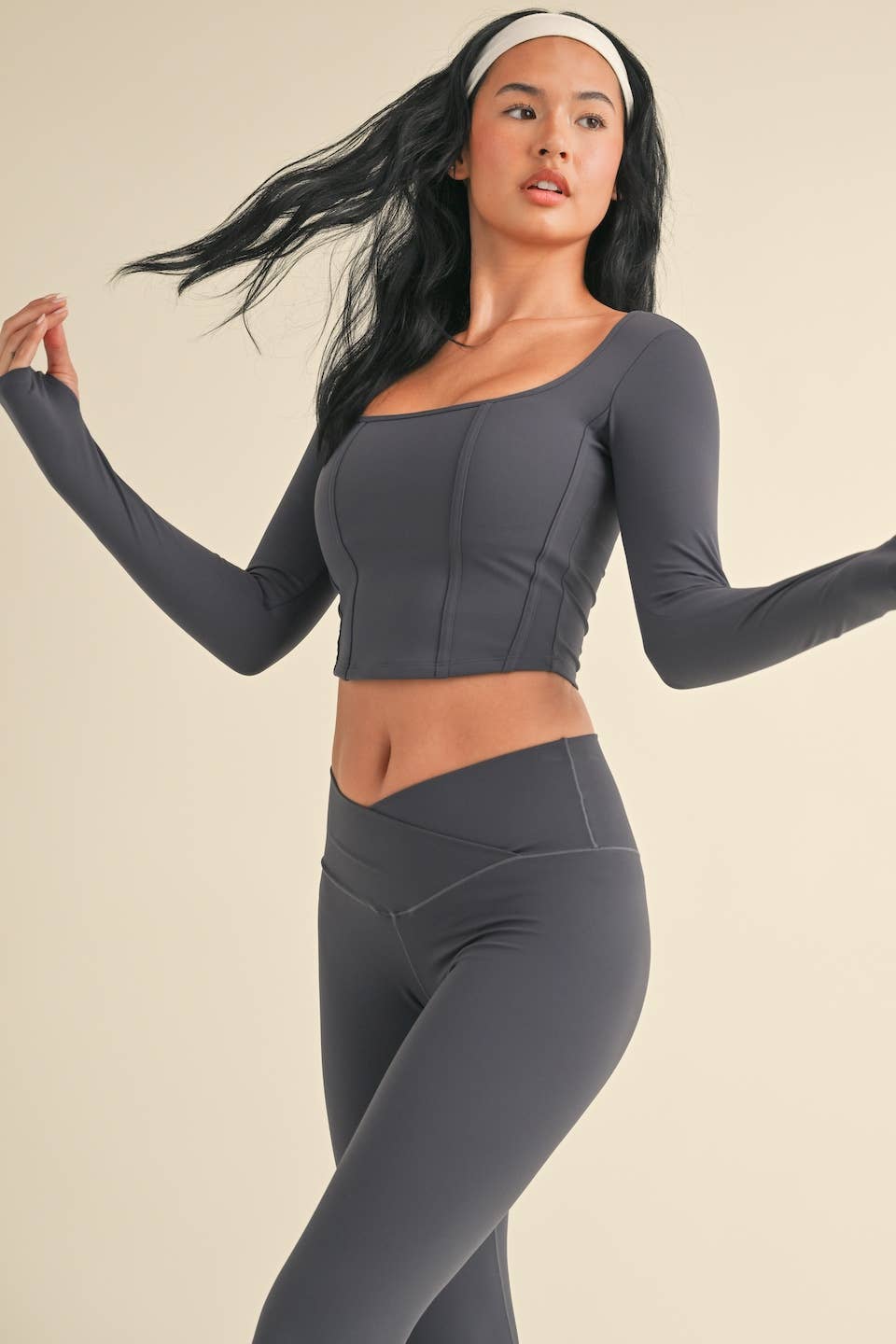 Ash Blue Long Sleeve Square Neck Corset Top