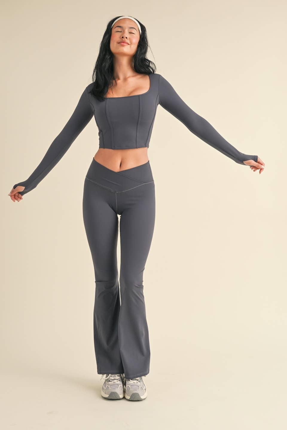 Ash Blue Long Sleeve Square Neck Corset Top