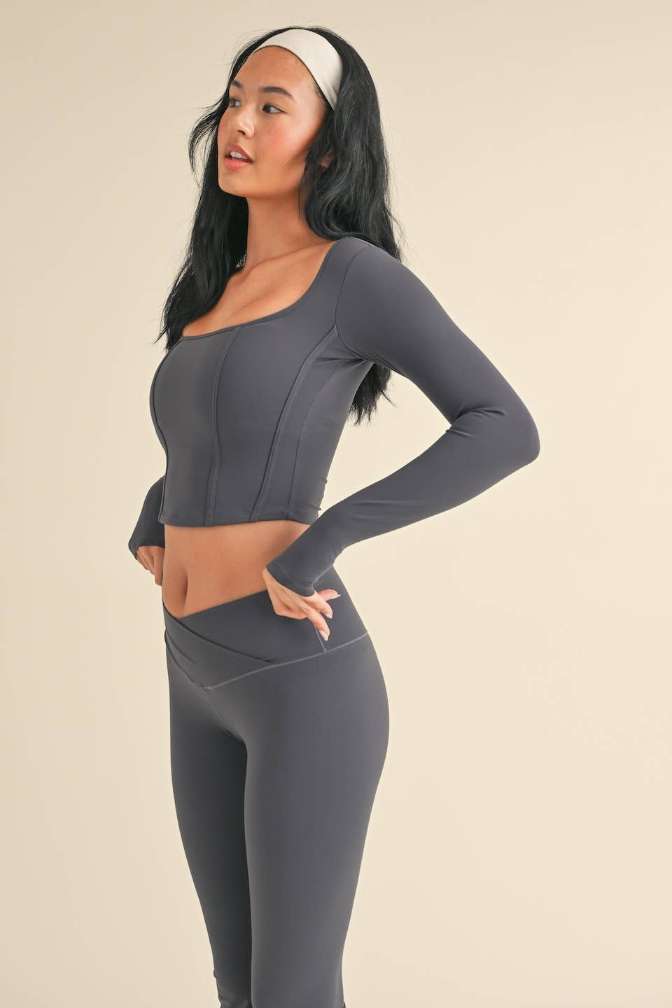 Ash Blue Long Sleeve Square Neck Corset Top