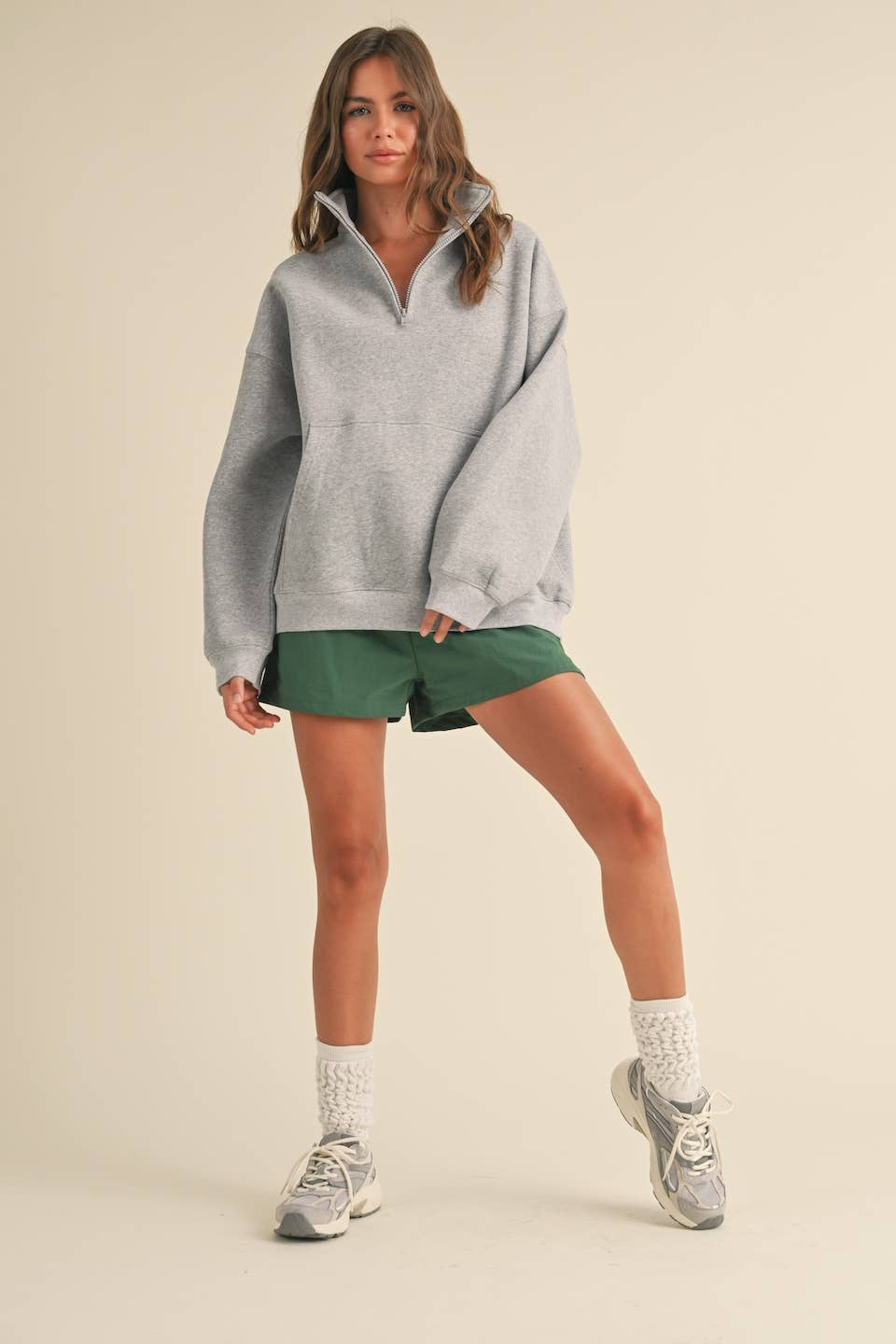 Heathered Gray Cozy Fleece Oversized Pullover Half Zip