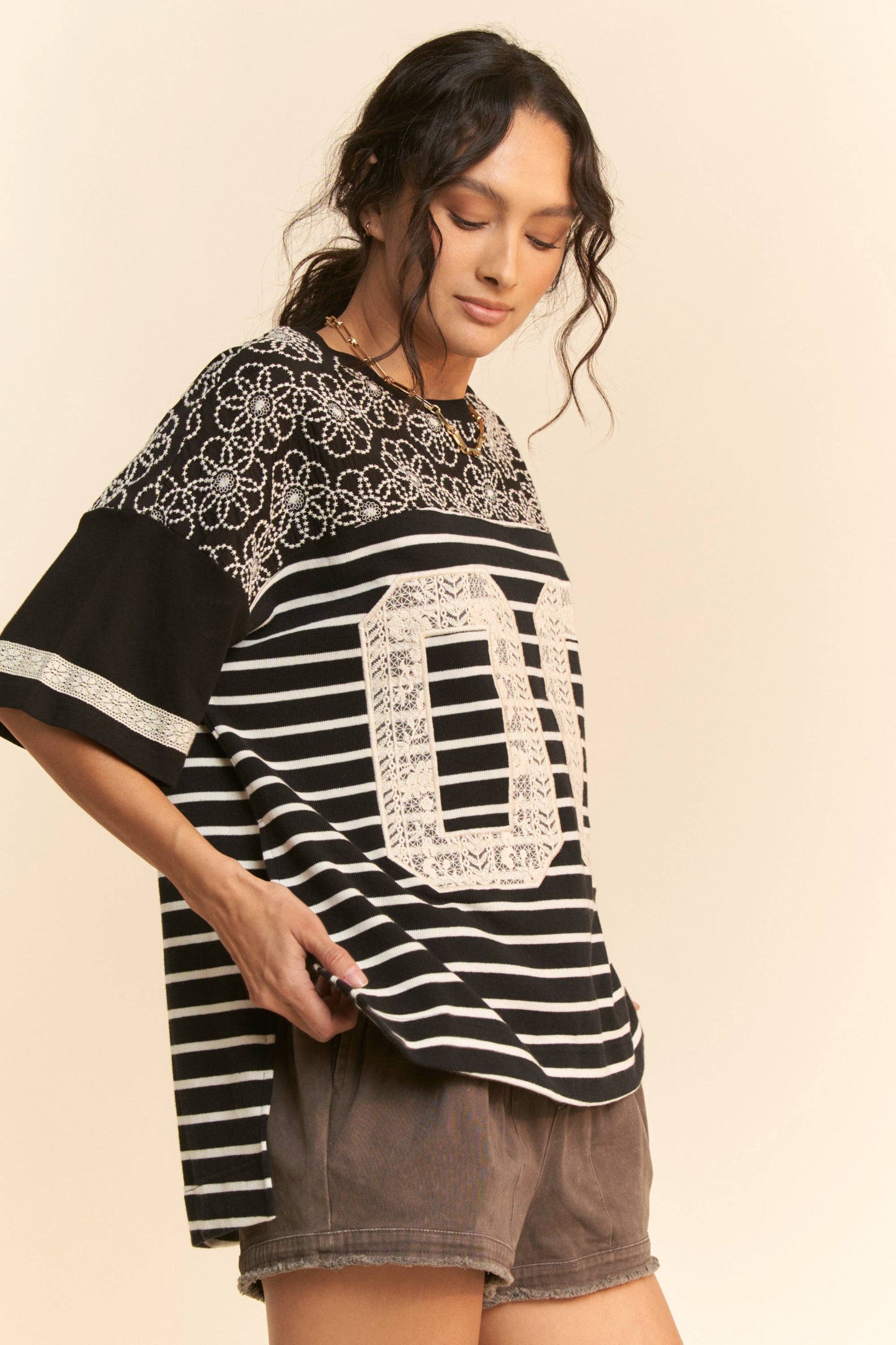 Lace Embroidered Yoke Jersey Tee