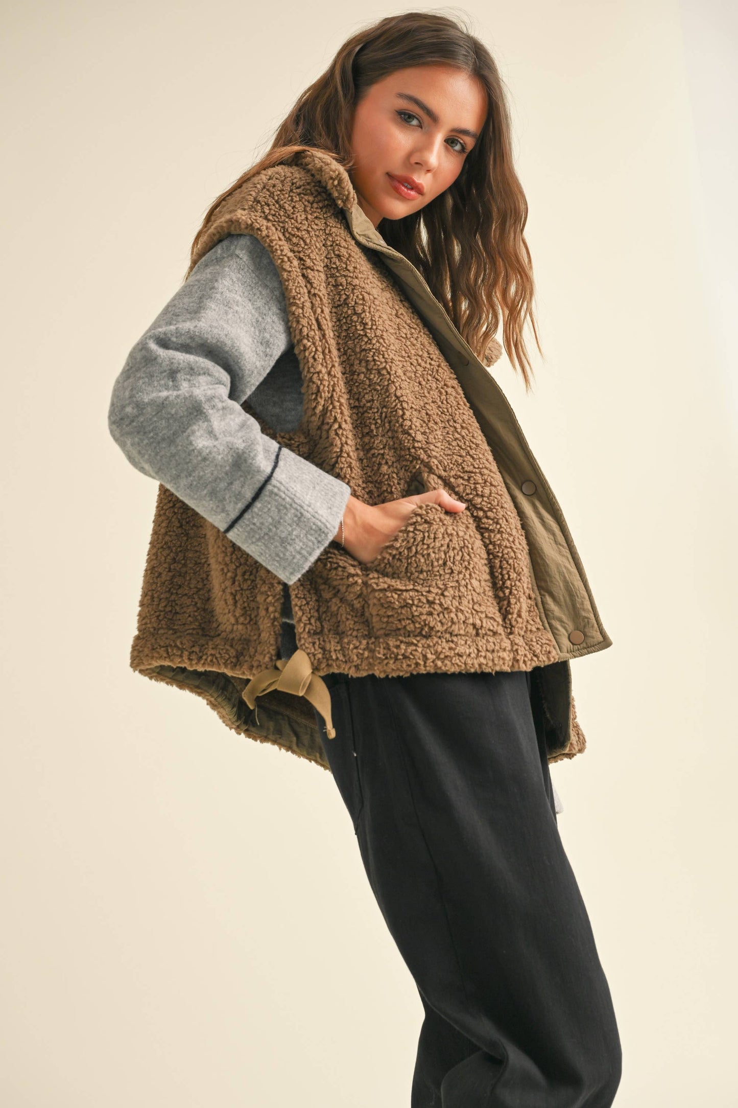Olive Teddy Sherpa Oversized Vest