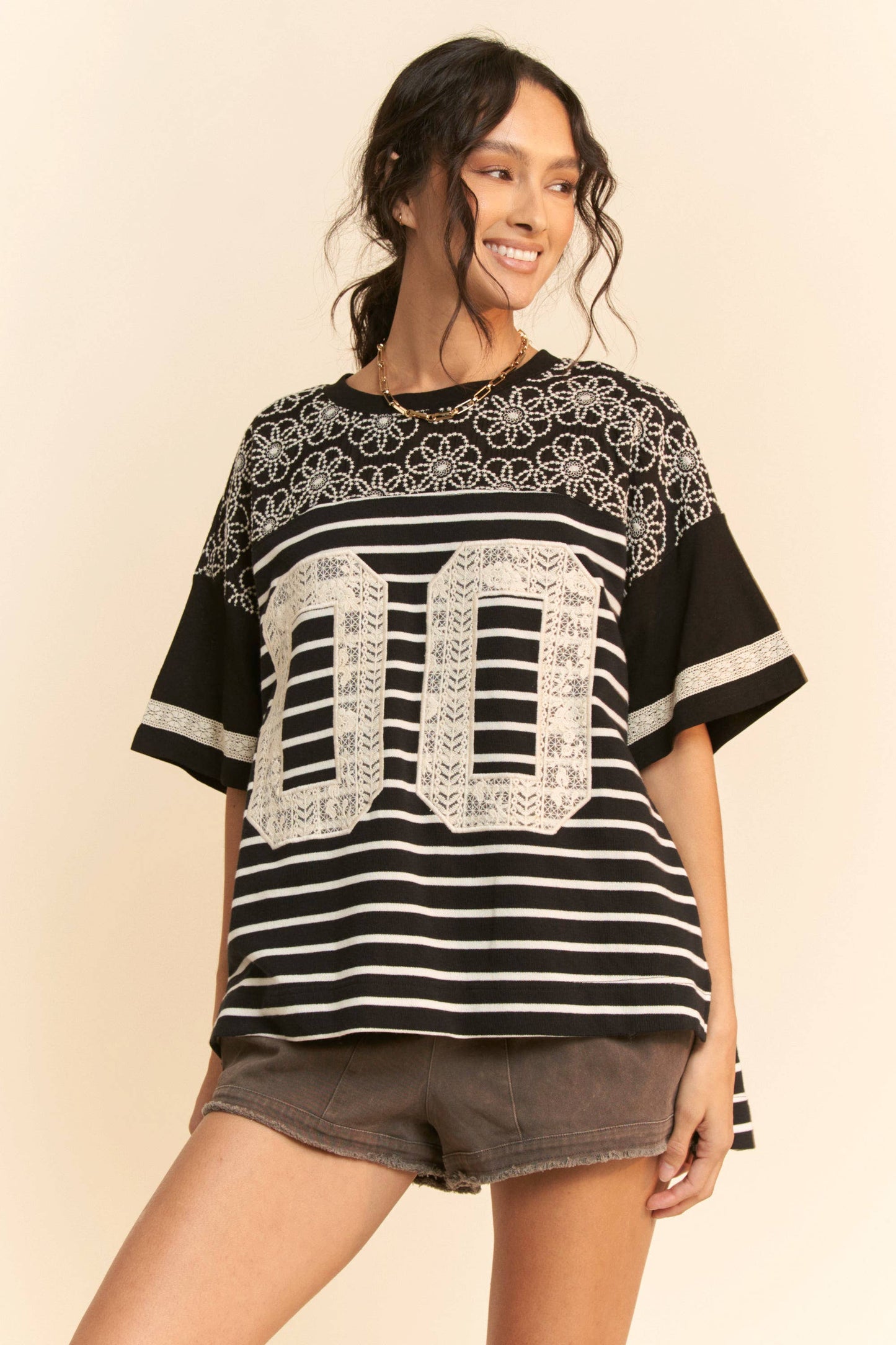 Lace Embroidered Yoke Jersey Tee