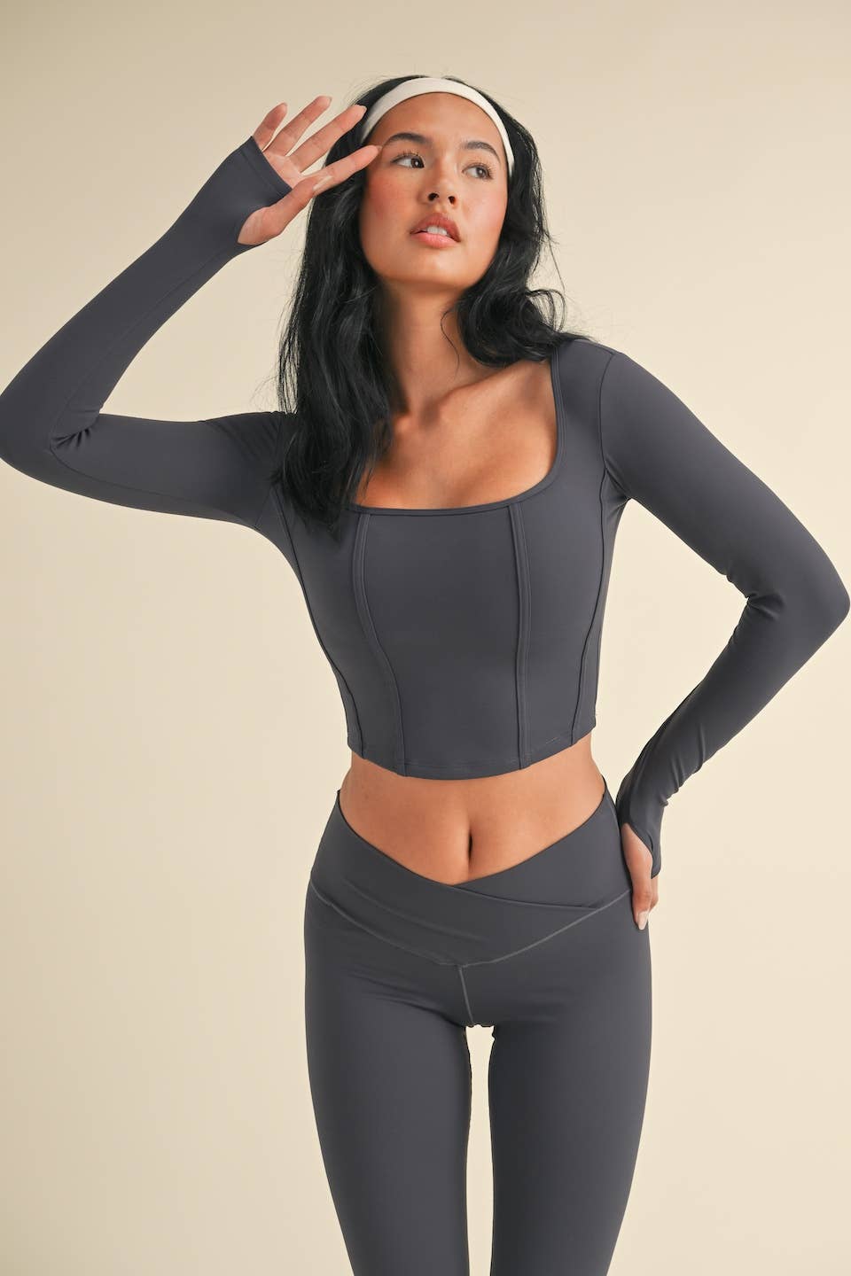Ash Blue Long Sleeve Square Neck Corset Top