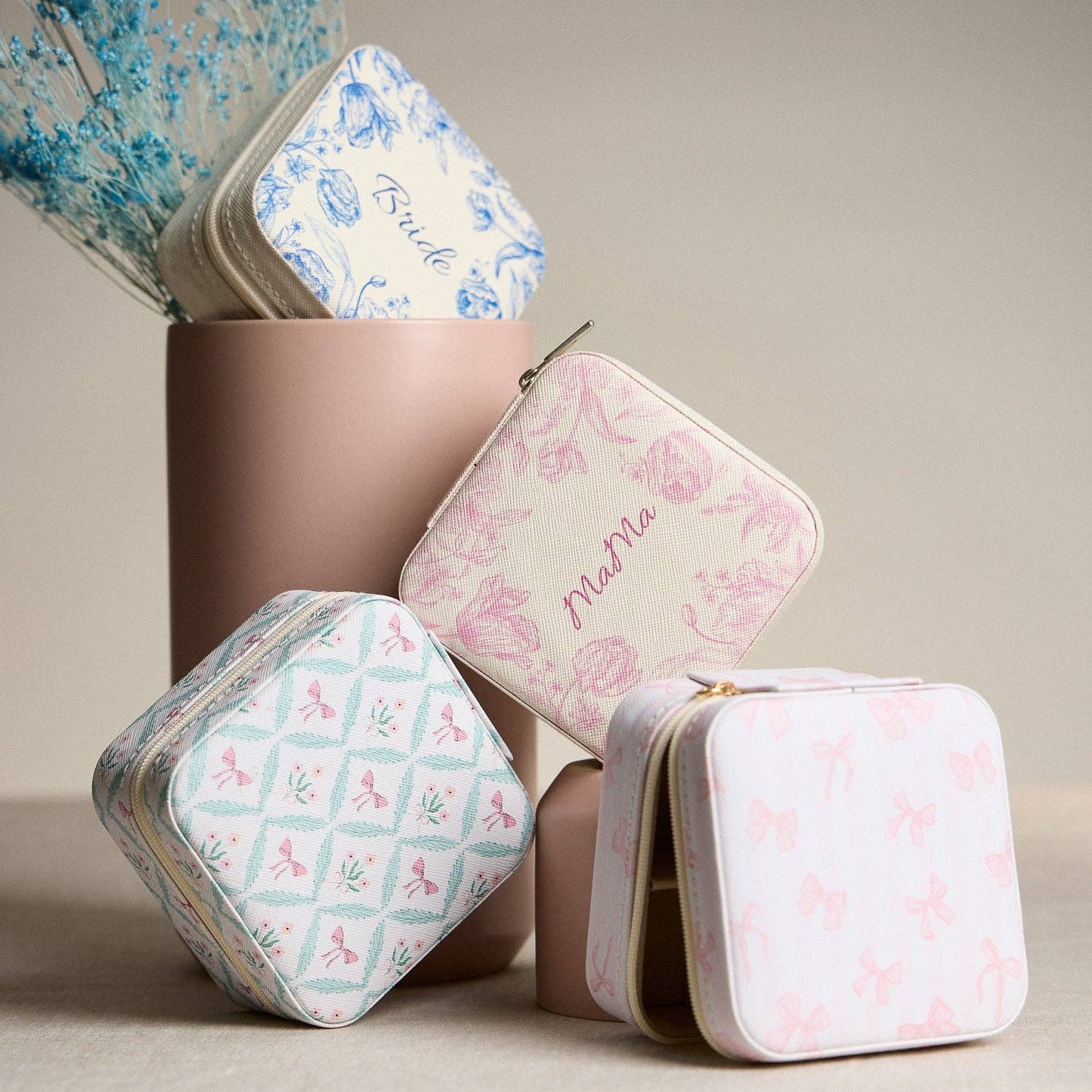 Blue Floral with Pink Bow Jewelry Box - Travel Size: BL / ONE