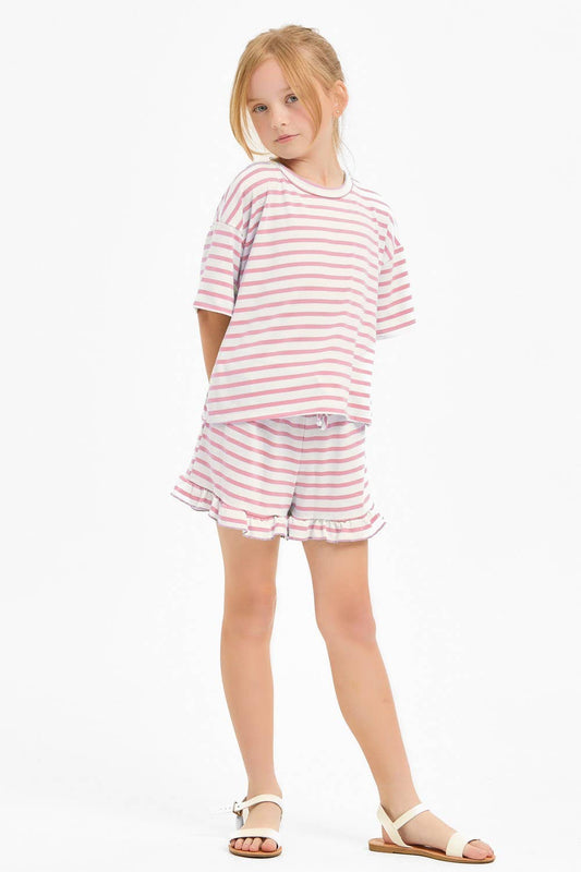 Striped Elastic Ruffle Shorts