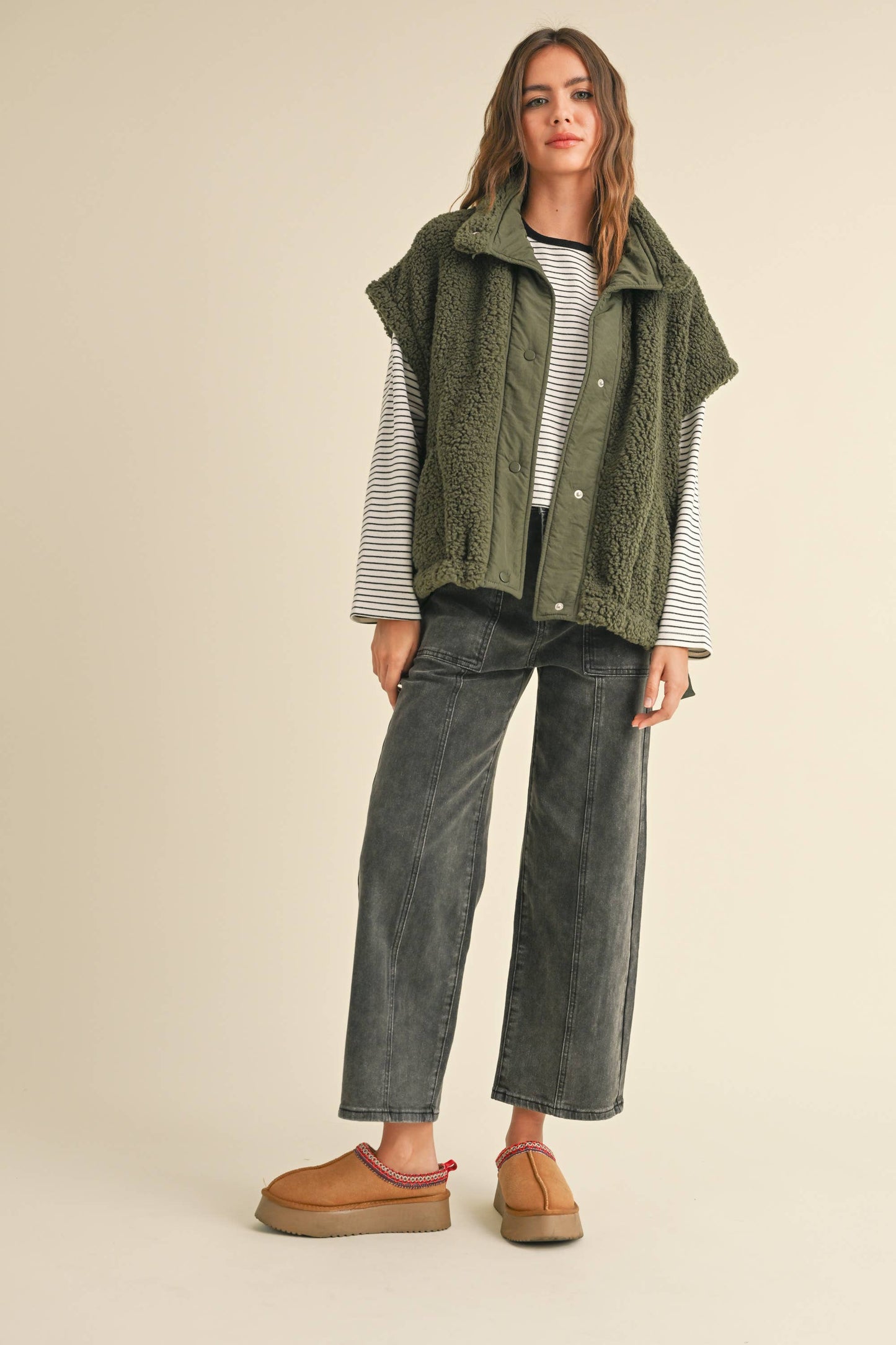 Olive Teddy Sherpa Oversized Vest