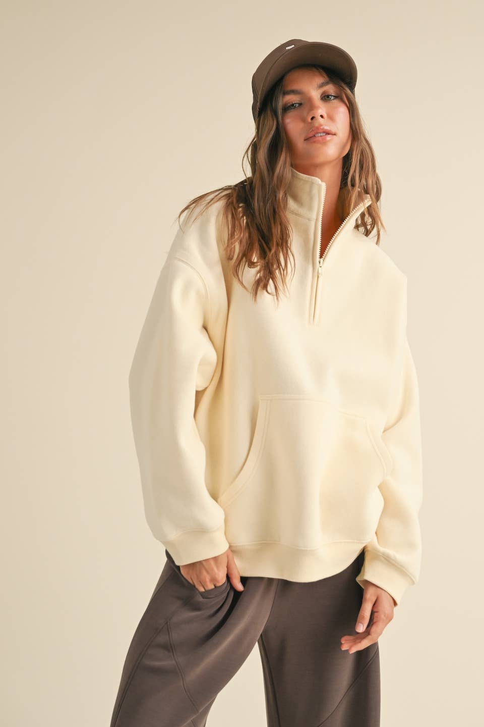 Heathered Gray Cozy Fleece Oversized Pullover Half Zip