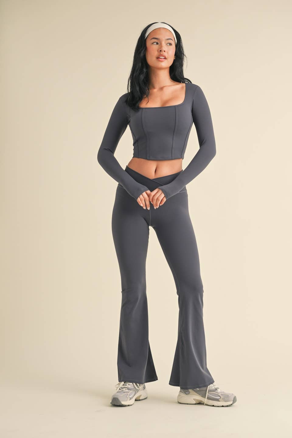 Ash Blue Long Sleeve Square Neck Corset Top