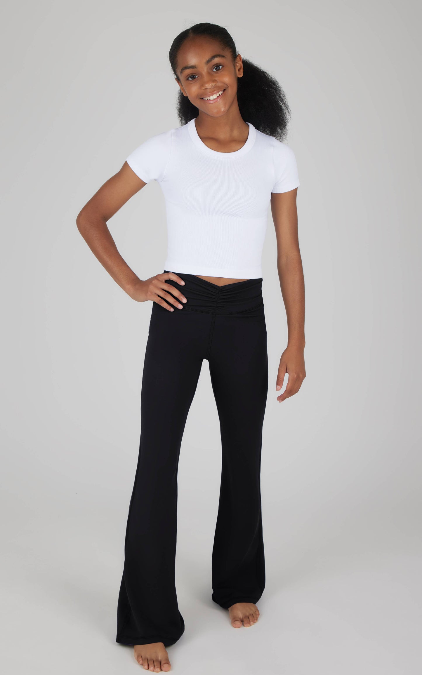 Girls Lux Waist Band Ruching Flared Pant in Black