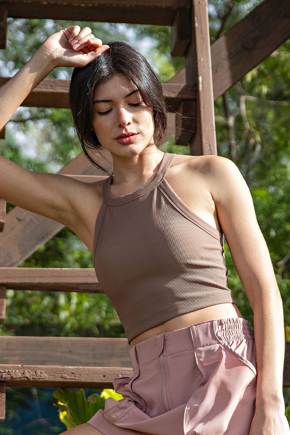 Nylon Rib Cropped Halter Tank- Dark Mocha