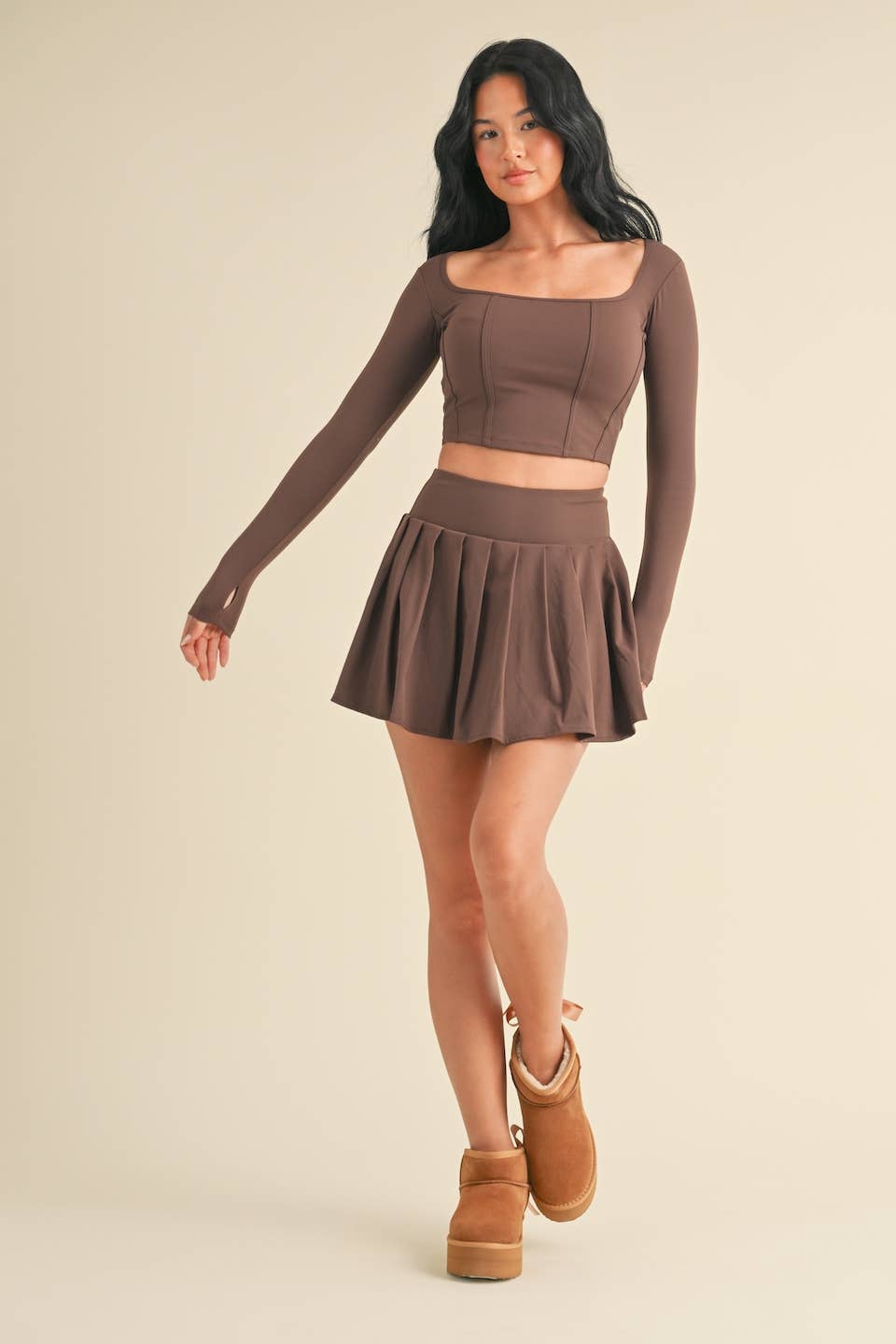 Long Sleeve Square Neck Corset Top in Chocolate