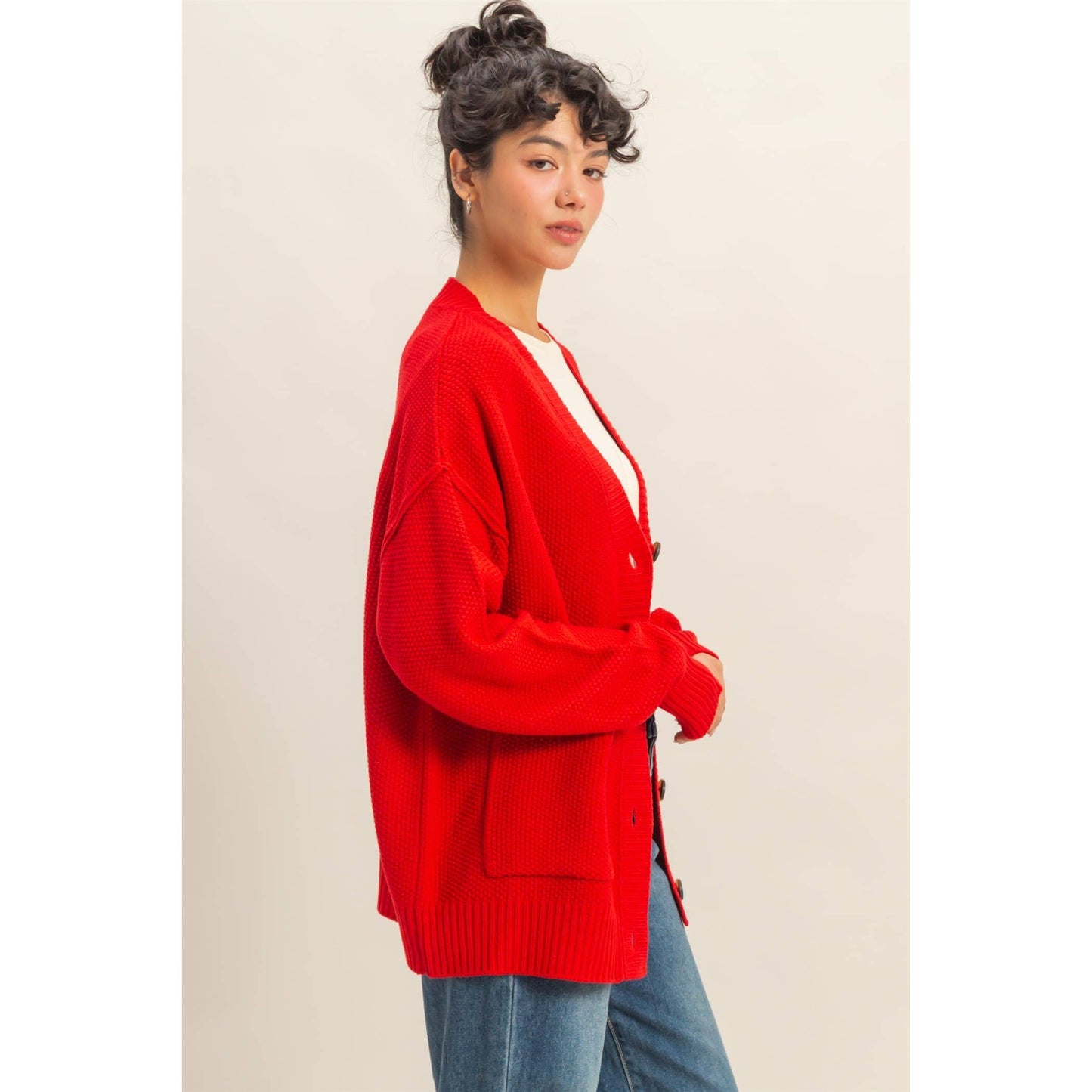Loving Him is Red Button Front Cardi
