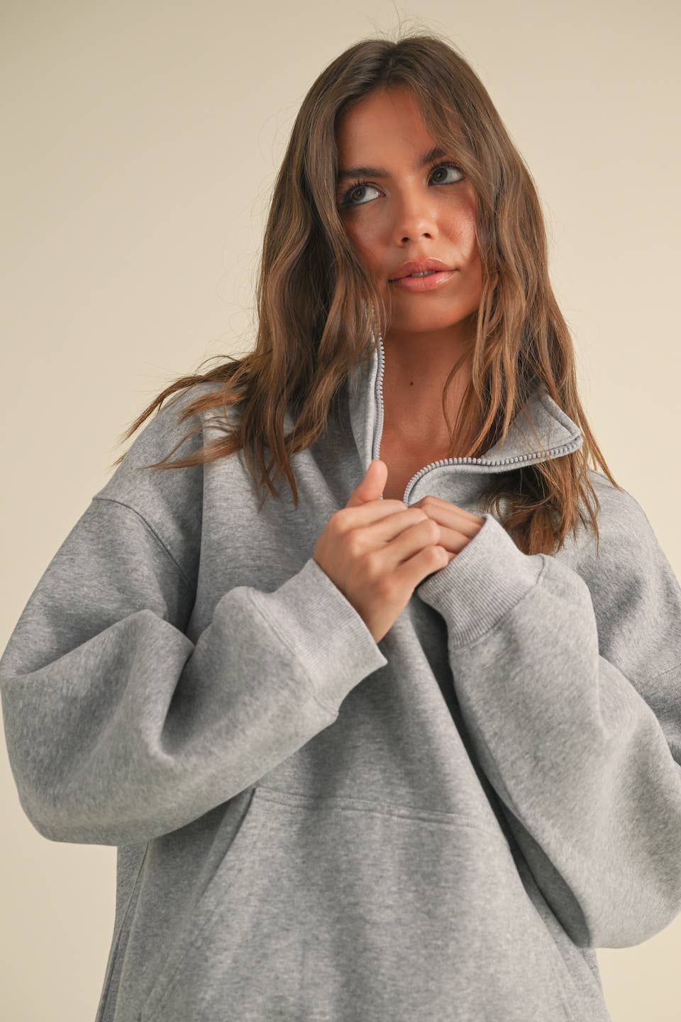 Heathered Gray Cozy Fleece Oversized Pullover Half Zip