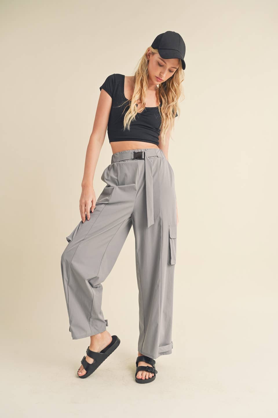 Lightweight Nylon Wide Leg Cargo Pant