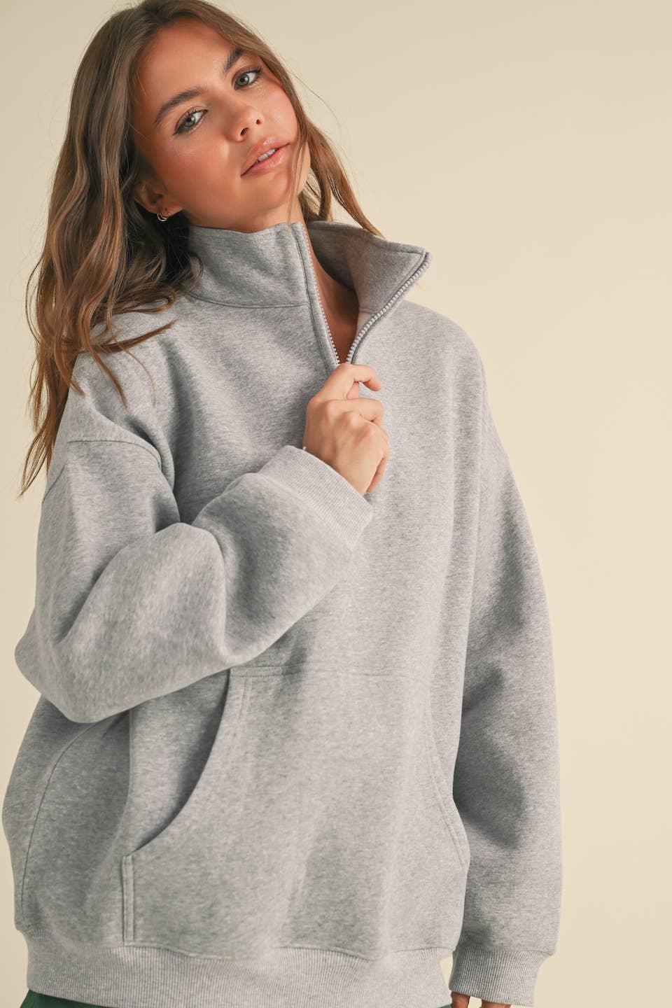 Heathered Gray Cozy Fleece Oversized Pullover Half Zip