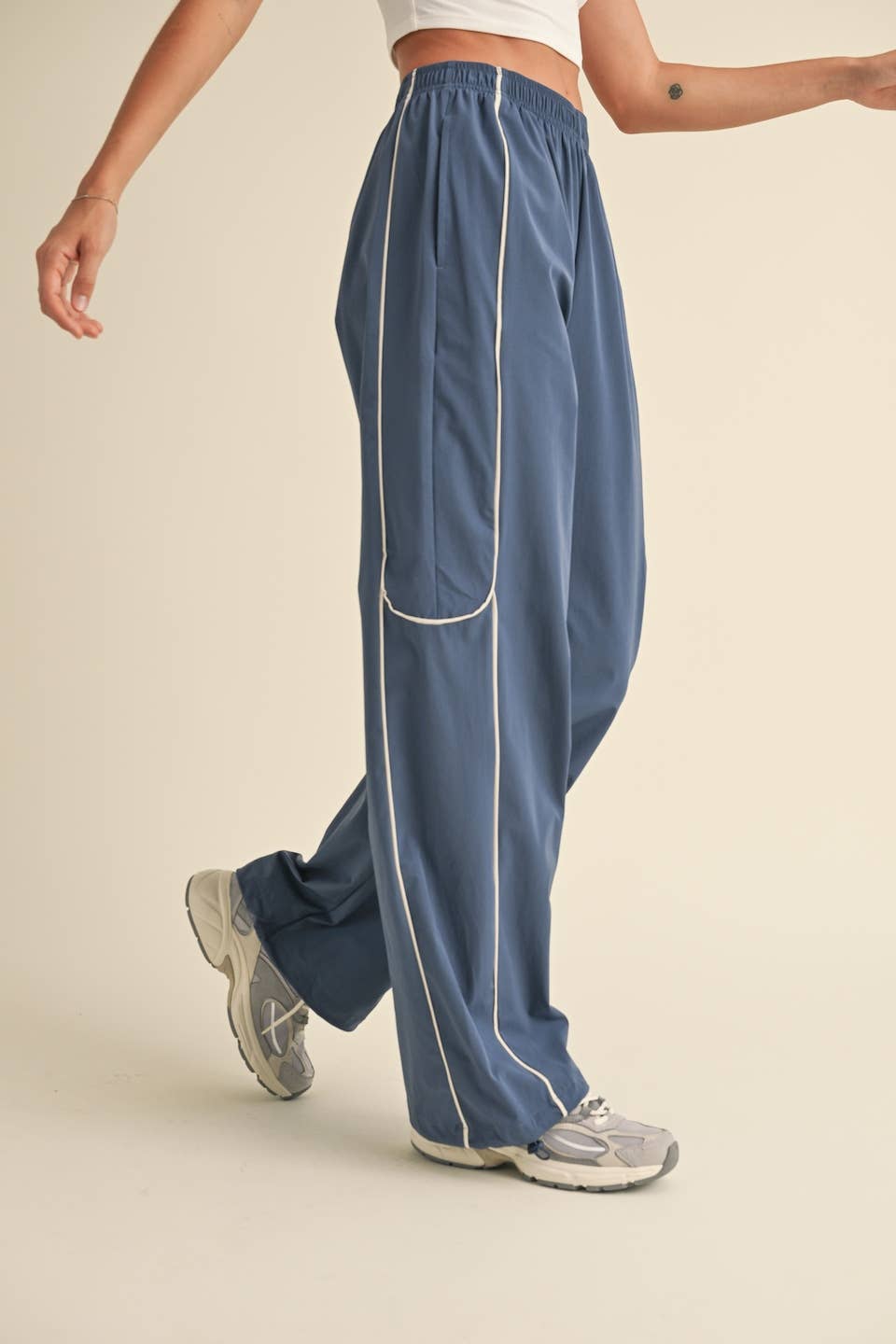 Ash Blue Nylon Track Pants with Contrast Piping