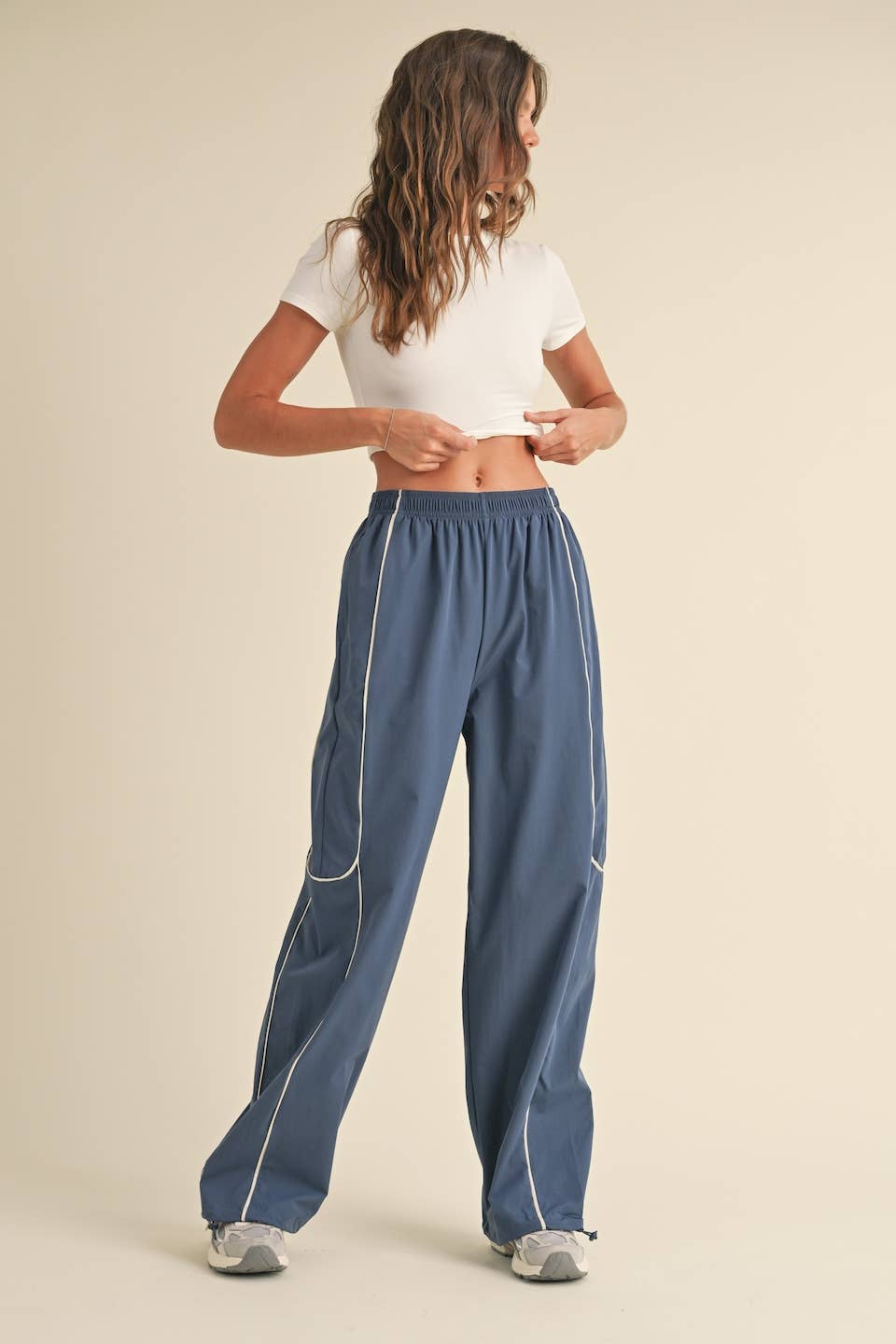 Ash Blue Nylon Track Pants with Contrast Piping