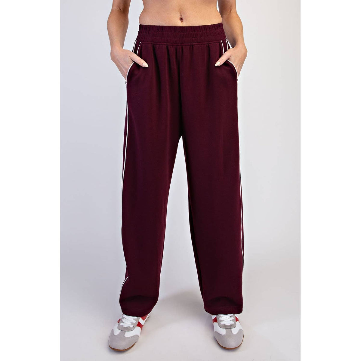 MODAL SCUBA LUXE PIPING BAGGY PANTS: Teal Navy/Mocha Cream / S-M-L(2-2-2)
