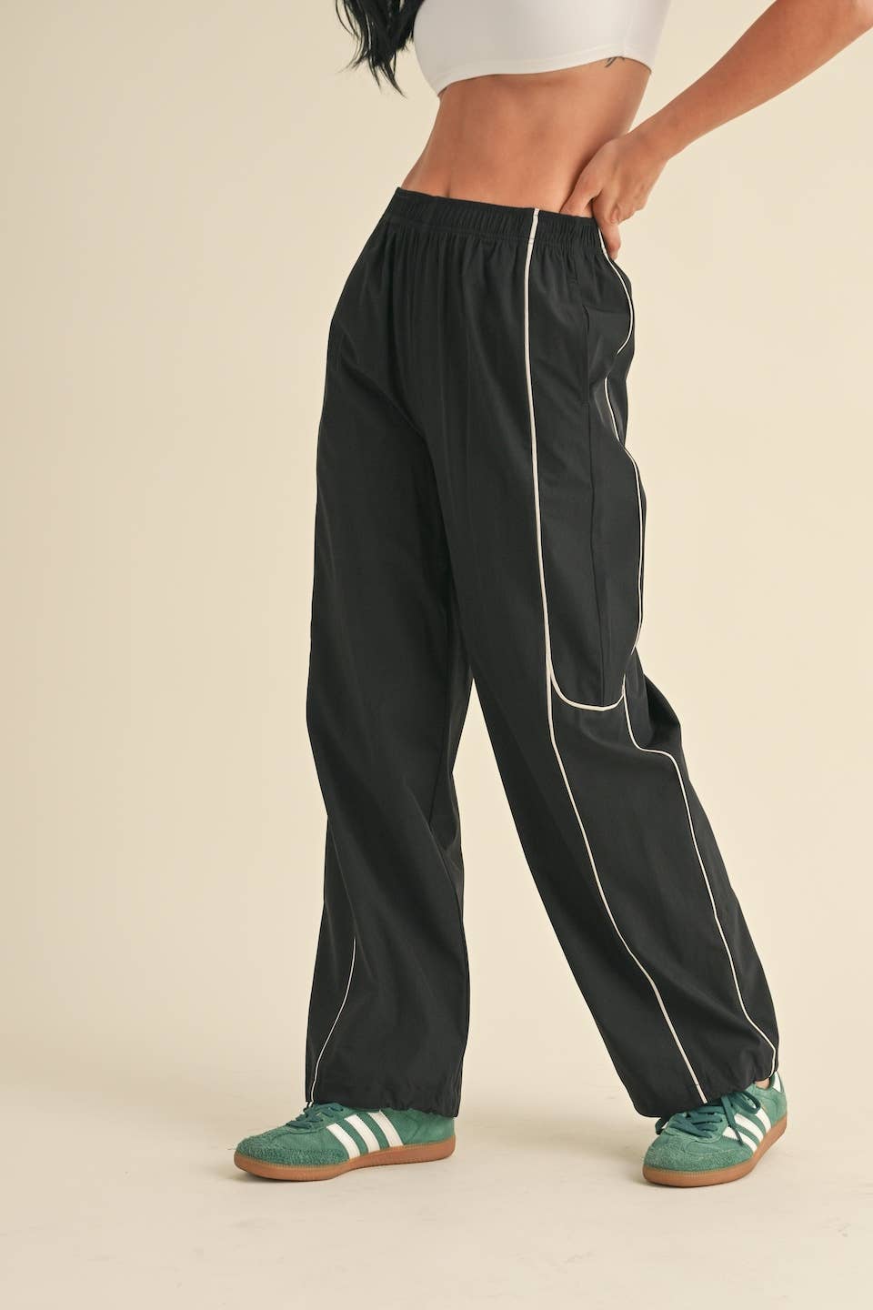 Hunter Green Nylon Track Pants with Contrast Piping