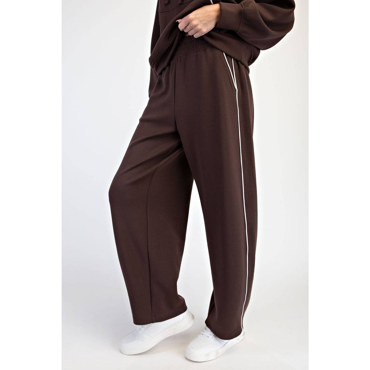 MODAL SCUBA LUXE PIPING BAGGY PANTS: Teal Navy/Mocha Cream / S-M-L(2-2-2)