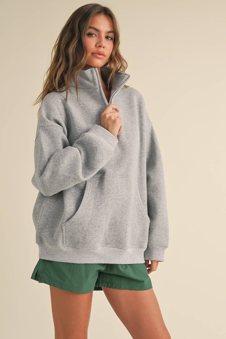 Heathered Gray Cozy Fleece Oversized Pullover Half Zip