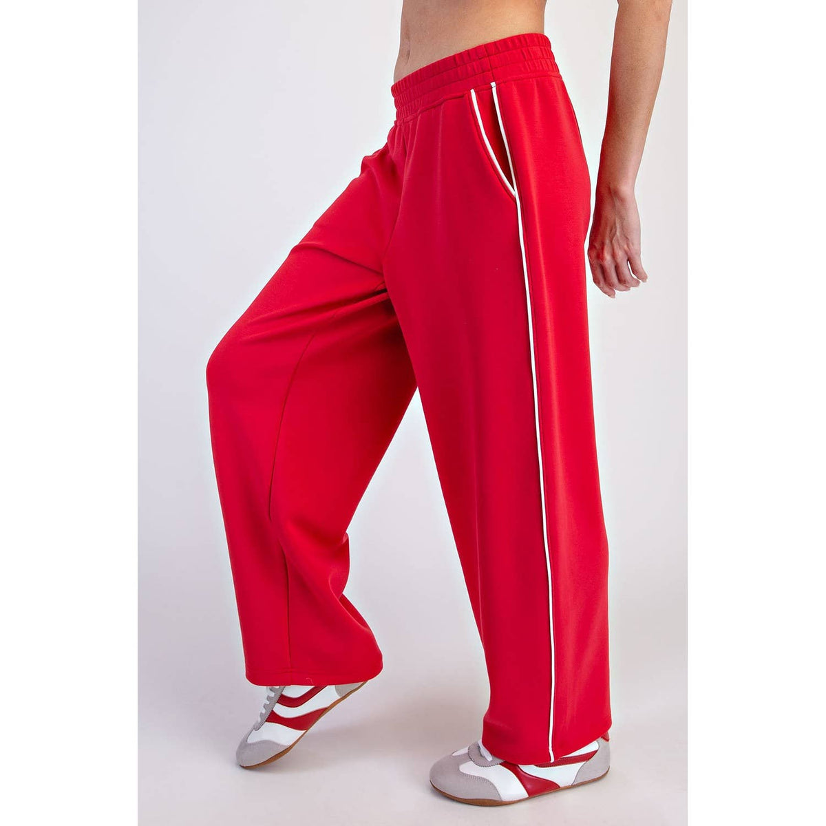 MODAL SCUBA LUXE PIPING BAGGY PANTS: Teal Navy/Mocha Cream / S-M-L(2-2-2)