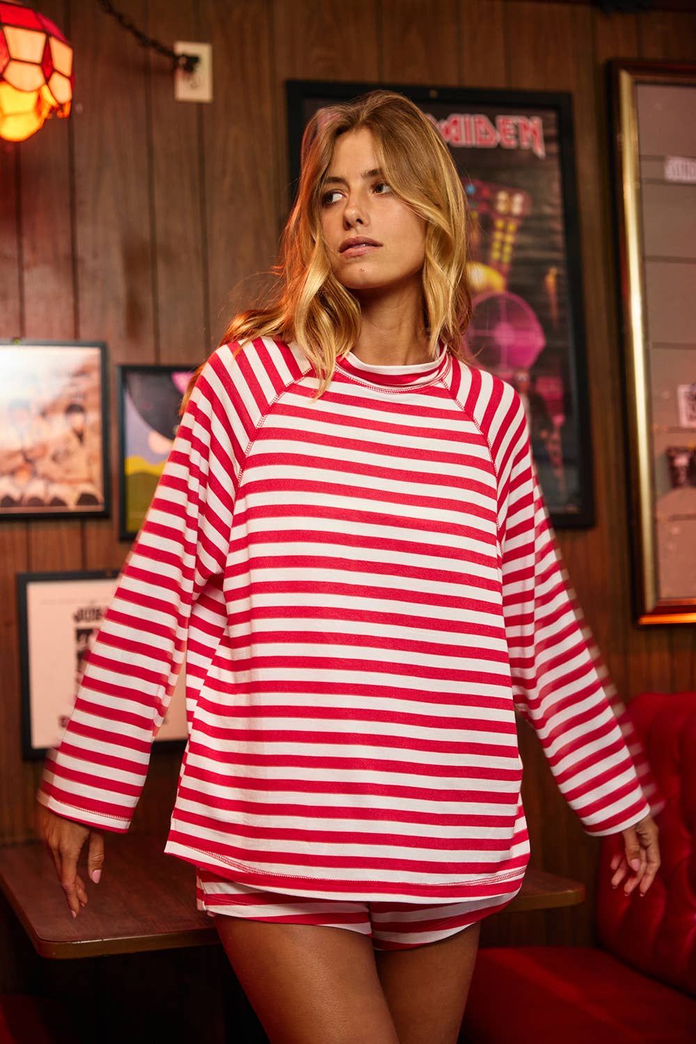 Raglan Sleeves Mock-Neck Striped Oversized Top