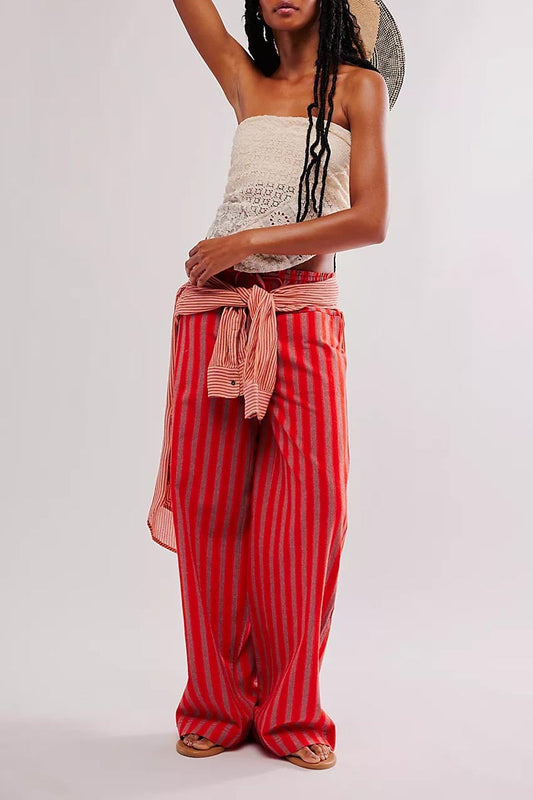 Low Rise Striped Drawstring Pant- Red & Pink