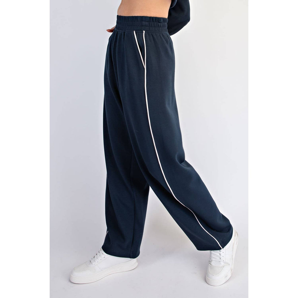 MODAL SCUBA LUXE PIPING BAGGY PANTS: Teal Navy/Mocha Cream / S-M-L(2-2-2)