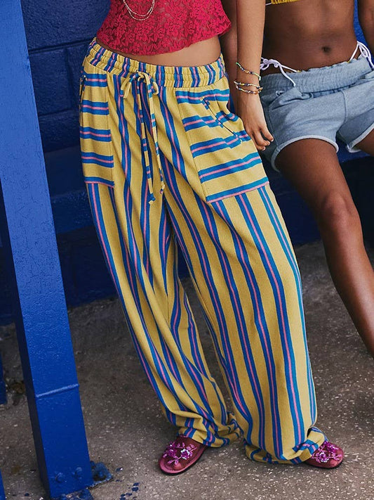 Striped Beach Homely Drawstring Wide-Leg Trousers: Yellow / S